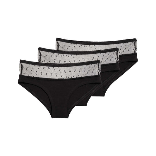 3er Pack TT21 Panty Netlace in Schwarz, drei Panties gestapelt, Netzspitze am Bund