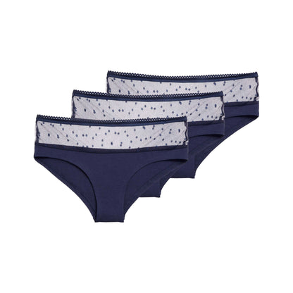 3er Pack TT21 Panty Netlace in Midnight, drei Panties gestapelt, Netzspitze am Bund