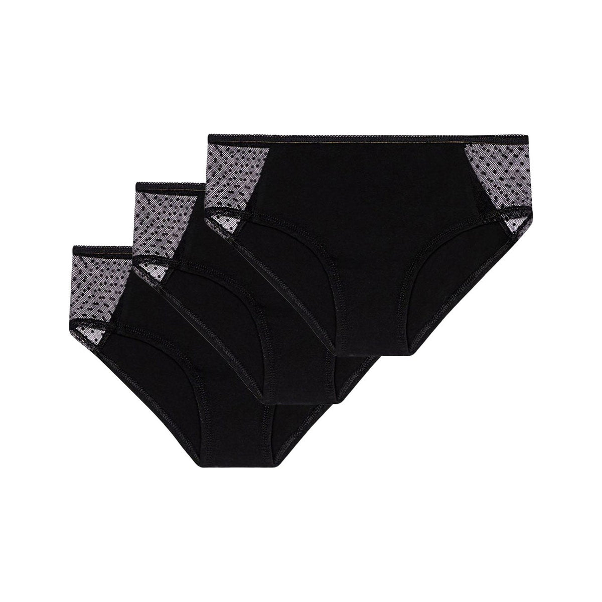 3er Pack TT21 Panty Side Netlace in Schwarz, drei Panties gestapelt