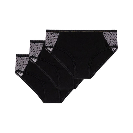 3er Pack TT21 Panty Side Netlace in Schwarz, drei Panties gestapelt