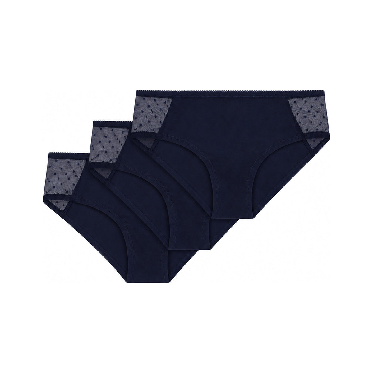 3er Pack TT21 Panty Side Netlace in Midnight, drei Panties gestapelt