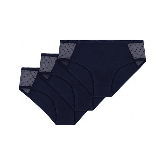 3er Pack TT21 Panty Side Netlace in Midnight, drei Panties gestapelt