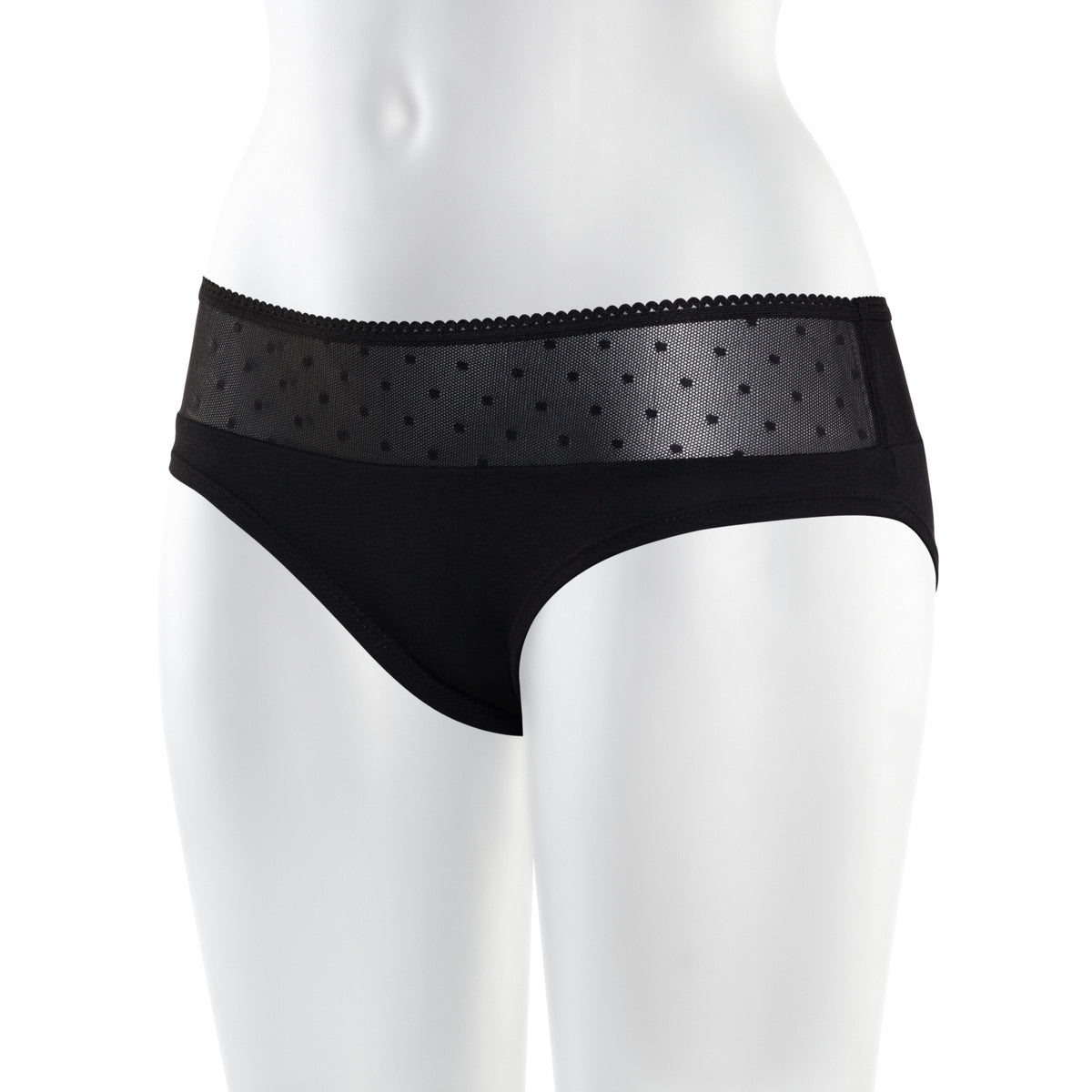 TT21 Panty Netlace in Schwarz an der Bueste, Vorderansicht mit Netzspitze