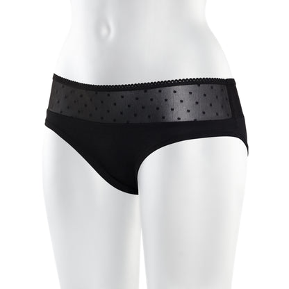TT21 Panty Netlace in Schwarz an der Bueste, Vorderansicht mit Netzspitze