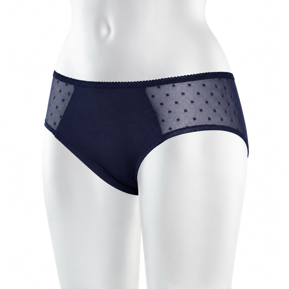 TT21 Panty Side Netlace in Midnight an der Bueste, seitliches Netzpanel sichtbar